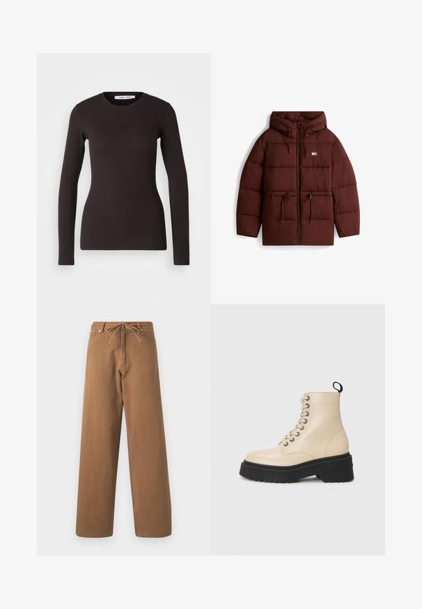 Brązowa kurtka puchowa z przymocowanym kapturem, zamkiem błyskawicznym z przodu oraz sznurkiem do regulacji. Posiada pikowany wzór i dwie kieszenie z przodu.; Czarny top z długim rękawem, wykonany z miękkiego, elastycznego materiału. Posiada okrągły dekolt oraz dopasowany krój z gładką strukturą i bez widocznych wzorów.; Brązowe spodnie o szerokich nogawkach wykonane z bawełny, z elastycznym paskiem w talii i dwoma przednimi kieszeniami. Teksturowana tkanina o gładkim wykończeniu.; Beżowe botki za kostkę z masywną czarną podeszwą i sznurowaniem na oczka, z pętelką z tyłu i logo z boku.