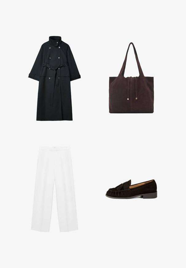 Zwarte trenchcoat van een soepel materiaal, met een hoge kraag, dubbele knopen en een strikriem op de taille.; Rood en wit geruite stof met een lichte textuur, uitgerust met vier knopen. Het patroon bevat dunne zwarte lijnen voor extra detail.; Zijde-wijd witte broeken met een gladde textuur, voorzien van een hoge tailleband en twee zijzakken. Eenvoudig ontwerp zonder zichtbare patronen.; Brown suede instappers met een ronde neus, geplooide details en een kleine kwastaccent. Heeft een lage, iets verhoogde hak.; Mango Shopper - dark brown