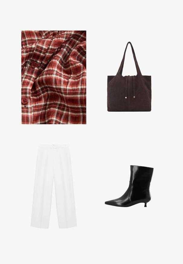 Schwarzer Trenchcoat aus glattem Stoff, mit hohem Kragen, doppelten Knöpfen und einem Bindegürtel in der Taille.; Rot-weiß kariertes Gewebe mit einer leichten Textur, das vier Knöpfe enthält. Das Muster weist dünne schwarze Linien für Details auf.; Weite weiße Hosen mit glatter Textur, ausgestattet mit einem hohen Bund und zwei Seitentaschen. Einfaches Design ohne sichtbare Muster.; Schwarze Lederstiefelette mit spitzem Schuhkopf und niedrigem Kitten-Absatz, seitlicher Nahtdetail und glatter, glänzender Oberfläche.; Mango Shopping Bag - dark brown