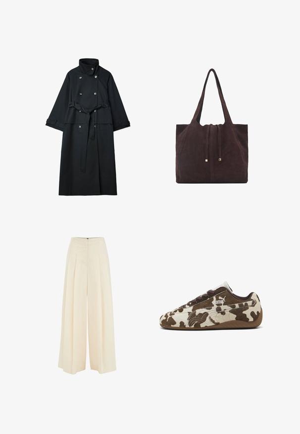 Schwarzer Trenchcoat aus glattem Stoff, mit hohem Kragen, doppelten Knöpfen und einem Bindegürtel in der Taille.; Dunkelgrauer, kurzärmeliger Strickpullover mit Rundhalsausschnitt, der eine lockere Passform und Raglanärmel hat, aus einem weichen, strukturierten Stoff gefertigt.; Weite Hosen aus leicht beigem Stoff, mit plissiertem Vorderdesign, hoher Taille und glatter Textur. Keine sichtbaren Beschläge oder Muster.; Braune und cremefarbene Sneaker mit Kuhflecken aus Wildledermaterial, runde Zehenform und Gummisohle. Mit Schnürsenkeln und Puma-Logo an der Seite.; Mango Shopping Bag - dark brown
