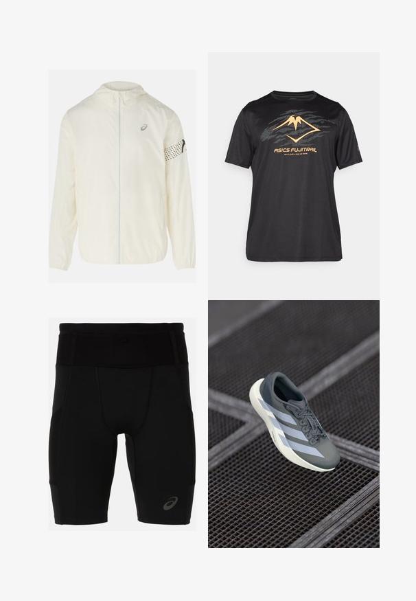 ASICS ICON  - Laufjacke - cream; ASICS FUJITRAIL LOGO TOP - Sport T-Shirt - performance black; Schwarze Sportshorts mit einer enganliegenden Passform, hergestellt aus glattem Material. Sie verfügen über einen hohen Taillenbund und ein kleines Logo am unteren linken Bein.; Sportsschuh in Grau und Weiß, aus synthetischem Material gefertigt, mit einem schlanken Design, strukturiertem Finish und ausgeprägtem Schnürsystem.