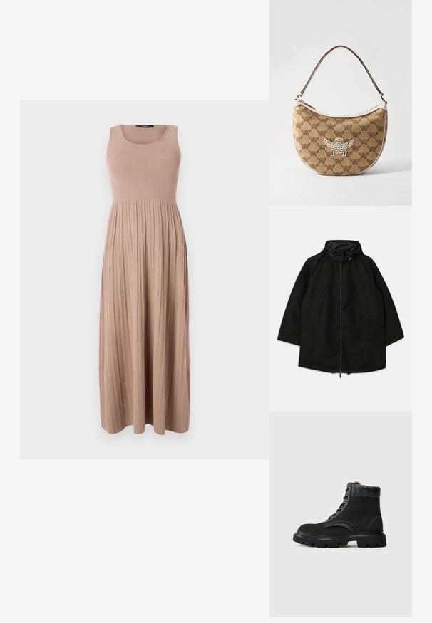 Schwarze leichte Jacke mit Reißverschluss, Kapuze mit Kordelzügen und weitem, lockeren Schnitt. Verfügt über gefaltete Vorderdetails und eine glatte Textur.; Maxi-Kleid aus weichem Rippstoff in Tan-Farbe. Es hat ein eng anliegendes Oberteil mit rundem Ausschnitt und einen fließenden, plissierten Rock. Einfaches Design.; Schwarze Knöchelstiefel mit einem strukturierten Lederobermaterial, Schnürdesign, kontrastierenden Nähten und einer robusten Gummisohle. Logo-Akzent auf der Zunge.; Beige Schultertasche mit einem braunen Logo-Muster, weißen Akzenten und einer geschwungenen Form. Verfügt über einen braunen Riemen und einen Reißverschluss.