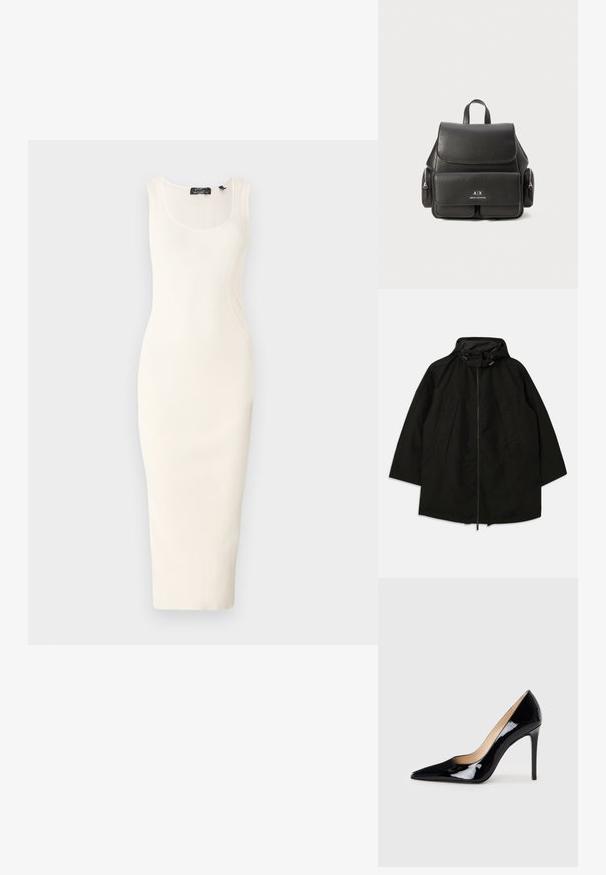 Juoda lengva striukė su užtrauktuku, kapišonu su raišteliais ir plačiu, laisvu kirpimu. Su raukšlėta priekiu ir lygia tekstūra.; Banguotas, be rankovių midi suknelė kreminės spalvos, turinti prigludusį siluetą. Savybė - apvalus iškirpimas ir subtilūs išlenkti siūlės detalės.; Juodas lakinės odos aukštakulnis batelis su smailiu priekiu ir elegantiška siluetu. Pasižymi lygiu, blizgiu paviršiumi ir siauru stiletto kulnu.; Juodas odinis kuprinė su uždengimu, priekinė kišenė, šoninės užtrauktukų kišenės ir viršutinė rankena. Priekyje yra logotipo detalizavimas.