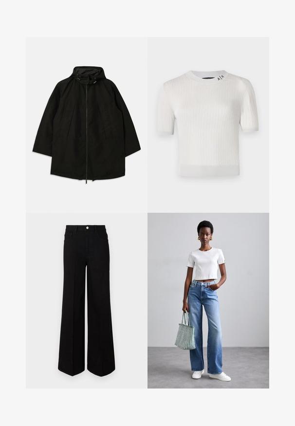 Schwarze leichte Jacke mit Reißverschluss, Kapuze mit Kordelzügen und weitem, lockeren Schnitt. Verfügt über gefaltete Vorderdetails und eine glatte Textur.; Weißer kurzärmeliger Rippenpullover mit Rundhalsausschnitt, der ein Logo-Detail nahe dem Kragen und eine glatte, leicht glänzende Textur aufweist.; Schwarze weit geschnittene Jeans aus strapazierfähigem Material, mit hoher Taille, Fronttaschen und einem Knopfverschluss vorne. Flacher Saum am Boden.; Weißes geripptes, kurz geschnittenes T-Shirt, hellblaue weit geschnittene Jeans und weiße Sneakers. Hält eine grün-weiß gestreifte Tragetasche.