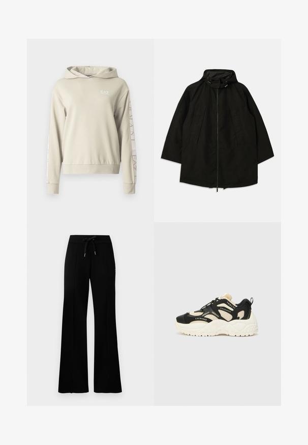 Črna lahka jakna z zadrgo, kapuco s vrvicami in širokim, ohlapnim krojem. Ima gubano sprednje detajliranje in gladko teksturo.; Svetlo bež pulover s kapuco z teksturirano površino, z logotipom EA7 na prsih in napisom na rokavih.; Črne široke trenirke z elastičnim pasom na vrvico, stranskimi razporki, mehkega materiala in elegantnim dizajnom.; Črne in kremne teniske z teksturirano podplatom, mrežastimi paneli in poudarjenim logotipom blagovne znamke. Okrogla konica in vezna zasnova. Prilagodljiv petni del.