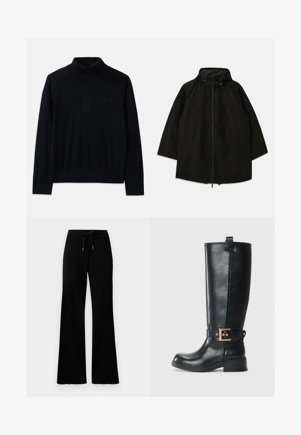 Must must jacket, mille pehmendava lahtine, kapuutsiga ja nööridega. Omab volditud esiosa ja sujuvat tekstuuri.; Must turtleneck dressip, mis on valmistatud pehmest kangast, pikal varrukal ja õrnalt broderitud logoga esiküljel. Lihtne disain soonikute äärtega.; Musthave laiad mustan värvi dressipüksid, millel on reguleeritav vöökoht, külgedel lõhikud, pehme kangas ja elegantne disain.; Mustad muste nahast saapad, mis ulatuvad põlvedeni, madala plokk-kandaga, kaunistatud kullavärvi pihustiga ümbritsetud ja ülevalt tõmmitsaga.