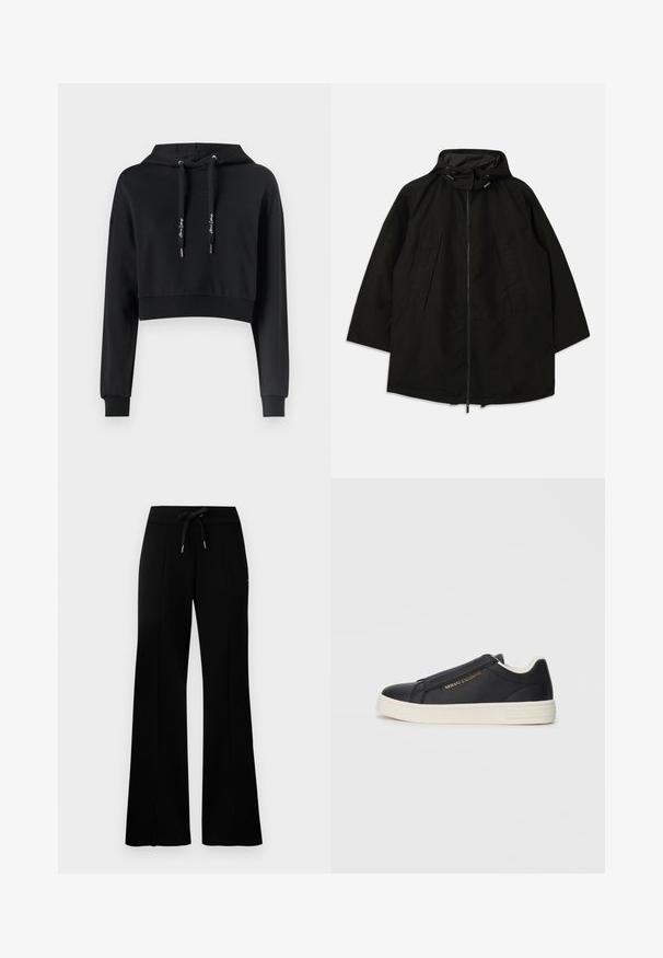 Black lightweight jacket with a zip closure, hood with drawstrings, and wide, loose fit. Features pleated front detailing and a smooth texture.; Cropped black hoodie made of soft fabric with a drawstring hood, long sleeves, and ribbed cuffs and hem. Features logo accents on the front.; Black wide-leg sweatpants with a drawstring waistband, side slit accents, soft fabric, and a sleek design.; Black leather slip-on sneaker with white sole, gold "Armani Exchange" logo on side, and minimalist stitching detail.