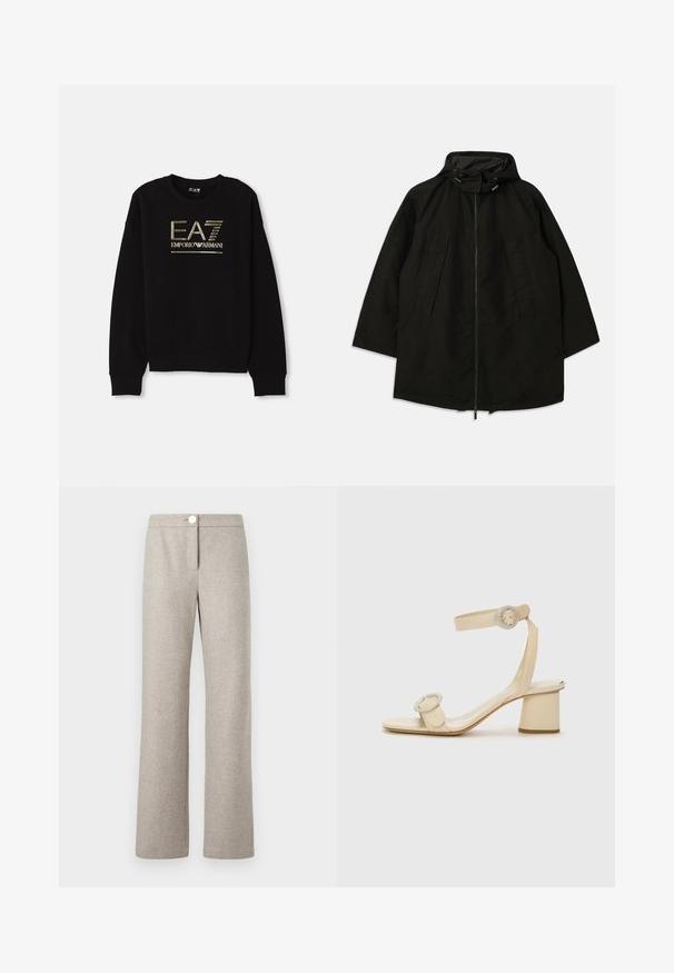 Chaqueta ligera negra con cierre de cremallera, capucha con cordones y un ajuste amplio y suelto. Cuenta con detalle en la parte delantera con pliegues y una textura suave.; Sudadera negra con un destacado logo metálico dorado "EA7 Emporio Armani" en el frente, con puños y dobladillo acanalados.; Pantalones de lana beige claro con un patrón de espiga, piernas rectas y amplias, cierre delantero con botón y sutiles bolsillos laterales.; Sandalias de tacón alto beige con diseño minimalista, que presentan dos acentos circulares y un tacón grueso. Fabricadas en cuero suave.
