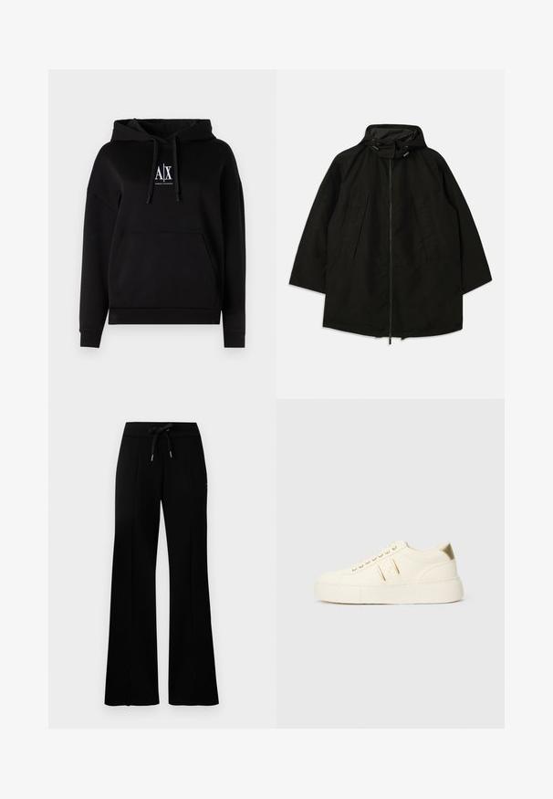 Čierna ľahká bunda so zipsom, kapucňou so sťahovacími šnúrkami a širokým, voľným strihom. Obsahuje pletené predné detaily a hladkú textúru.; Čierna mikina s kapucňou a predným vreckom, s šnúrkami a logom „A|X“ na hrudi. Vyrobená z mäkkého materiálu s voľným strihom.; Čierne široké tepláky s elastickým pásom a šnúrkou, bočnými rozparkami, mäkkou látkou a štýlovým dizajnom.; Krémové nízkoposchodové tenisky so zlatými akcentmi, šnúrkami a embosovaným logom "Armani Exchange" na podrážke a postrannom vrecku.