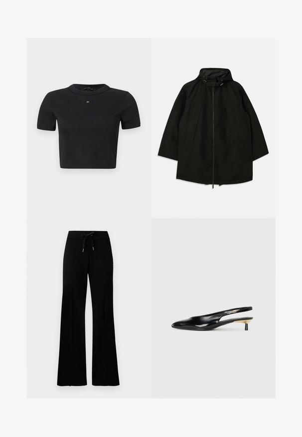 Musta kevyt takki, jossa on vetoketjukiinna, huppu kiristysnyöreillä ja leveä, löysä mitoitus. Takissa on pleatattu etuosa ja sileä pinta.; Lyhythihainen musta lyhyt neulepaita pyöreällä kaula-aukolla ja pienellä kultaisella "AX"-logolla keskellä rintaa.; Mustat leveälahkeiset collegehousut, joissa on kiristysnauha vyötäröllä, sivuvetoketjut, pehmeä kangas ja tyylikäs muotoilu.; Mustikka slingback-kengät, joissa on terävä kärki, kiiltävä nahkapinta ja pieni korko, jossa on kultainen yksityiskohta. Tyylikäs muotoilu avoimella takana.