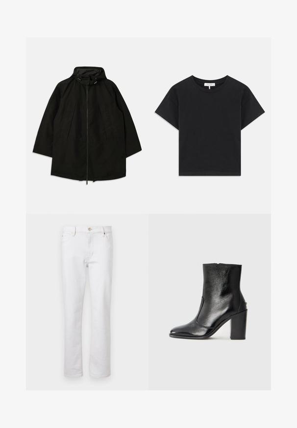 Juoda lengva striukė su užtrauktuku, kapišonu su raišteliais ir plačiu, laisvu kirpimu. Su raukšlėta priekiu ir lygia tekstūra.; Juodas trumpas medvilninis marškinėliai su apvaliu iškirpimu, trumpomis rankovėmis ir paprastu dizainu be raštų ar puošmenų.; Baltos džinsinės kelnės su tiesiais šonais, penkių kišenių dizainu, šviesiais siūlais ir sidabriniu mygtuko uždarymu. Lygus paviršius ir minimalus dekoravimas.; Juodas odinis kulkšninis batas su lygiu paviršiumi, smailiu pirštu ir masyviu aukštu kulnu. Savybė - šoninis atidarymas ir minimalistiškas dizainas.