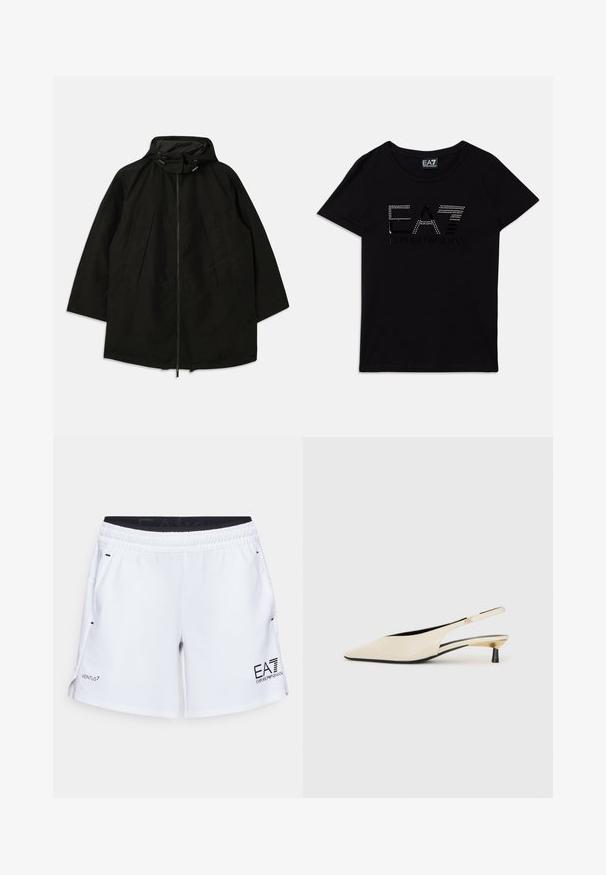 Casaco leve preto com fecho de zipper, capuz com cordões e corte largo e solto. Apresenta detalhes frontais pregueados e uma textura suave.; T-shirt de algodão preto com mangas curtas, apresentando o logótipo "EA7" em strass e o texto "EMPORIO ARMANI" em um design contrastante.; Calções atléticos brancos com uma cintura elástica, bolsos laterais e branding preto. Apresentam uma textura suave e aberturas laterais para maior mobilidade.; Sapatos de salto slingback em couro patente bege com bico fino, um salto preto esbelto e detalhes em ouro metálico nas laterais.