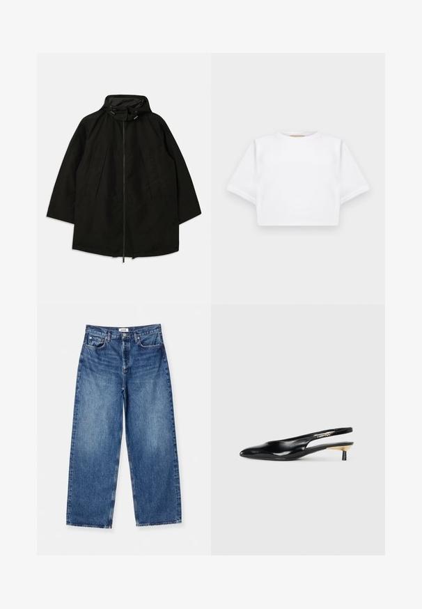 Black lightweight jacket with a zip closure, hood with drawstrings, and wide, loose fit. Features pleated front detailing and a smooth texture.; Cropped white t-shirt made of soft fabric, featuring short sleeves, a round neckline, and ribbed hem details. Simple and unembellished design.; Agolde LOW SLUNG BAGGY - Relaxed fit jeans - essence/dark indigo; Black slingback pump with a pointed toe, glossy leather finish, and a small heel with a gold accent. Sleek design with a open back.