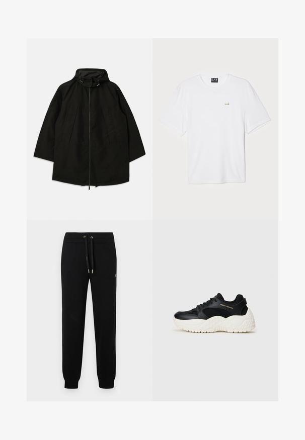 Black lightweight jacket with a zip closure, hood with drawstrings, and wide, loose fit. Features pleated front detailing and a smooth texture.; White cotton t-shirt with short sleeves, crew neckline, featuring a small gold EA7 logo on the left chest area.; Black jogger pants with elastic waistband and drawstring, ribbed cuffs, and subtle logo detail on the side leg.; Black and white Armani Exchange sneaker with mesh and leather upper, chunky white sole, and gold branding on the side and tongue.