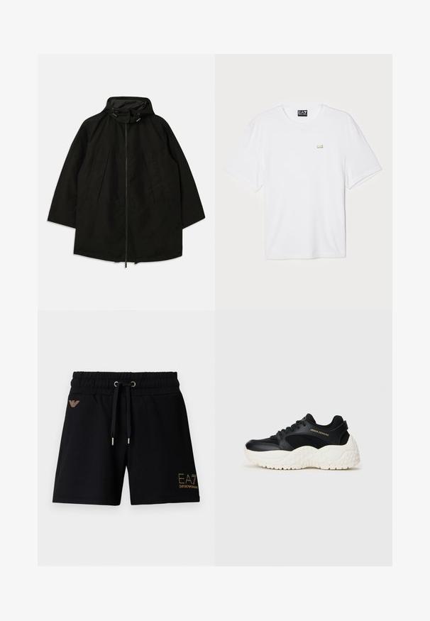 Svart lett jakke med glidelås, hette med snorer og bred, løs passform. Har plisseert frontdetaljering og en glatt tekstur.; Hvit bomulls t-skjorte med korte ermer og rund hals, med en liten gullfarget EA7-logo på venstre bryst.; Svarte bomullsshorts med elastisk midje og snor. Har gullfarget logo og dekorasjoner foran. To sidelommer.; Svart og hvit Armani Exchange sneaker med mesh- og skinn-overdel, chunky hvit såle og gullmerke på siden og tungen.