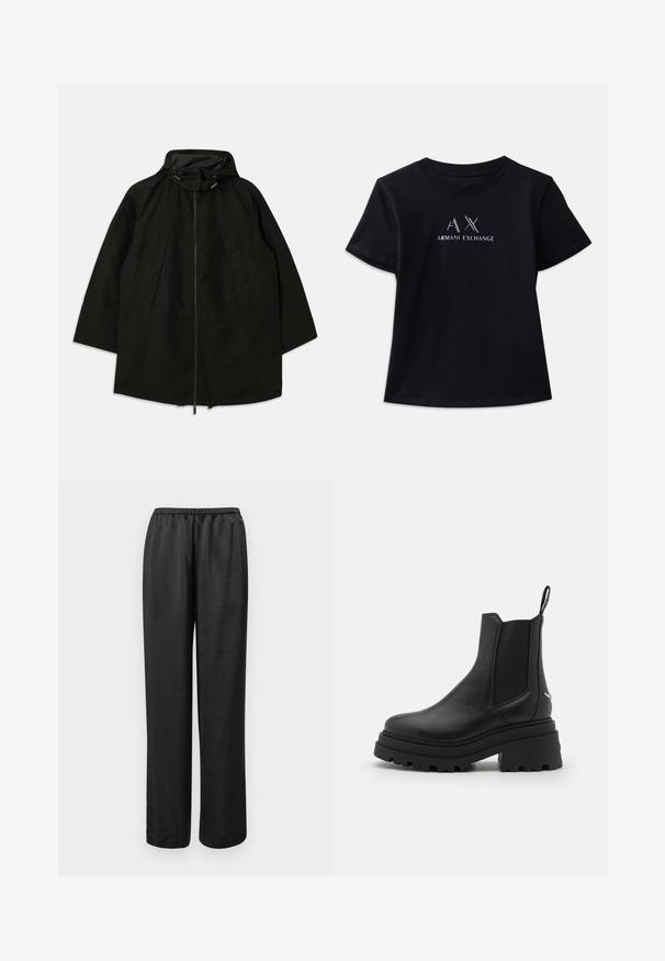 Black lightweight jacket with a zip closure, hood with drawstrings, and wide, loose fit. Features pleated front detailing and a smooth texture.; Black short-sleeve t-shirt with crew neck. Features "AX" logo and "ARMANI EXCHANGE" text in contrasting white and metallic accents. Soft fabric.; Black, loose-fitting trousers with an elastic waistband. Made from a smooth fabric, featuring a straight leg and no visible pockets or embellishments.; Black chelsea boots made of smooth leather with elastic side panels, a thick, ridged rubber sole, and a pull tab at the back.