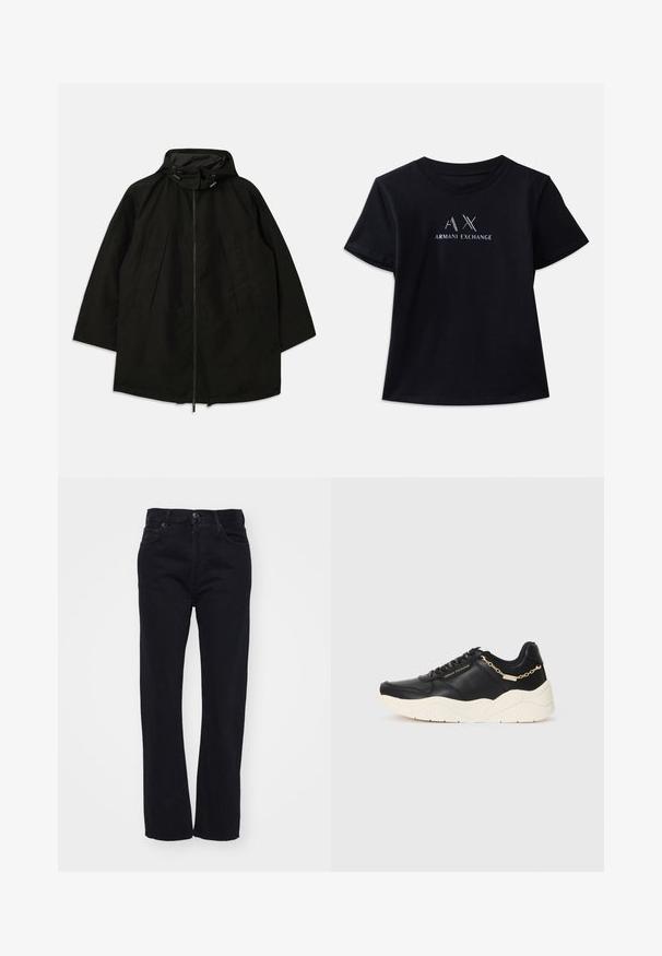 Svart lett jakke med glidelås, hette med snorer og bred, løs passform. Har plisseert frontdetaljering og en glatt tekstur.; Svart kortermet t-skjorte med rund hals. Har "AX" logo og "ARMANI EXCHANGE" tekst i kontrastfarger i hvitt og metalliske aksenter. Myk stoff.; Svarte denimjeans med rette ben, som har en klassisk fem-lommersdesign og knappelukking foran. Renslig, strukturert stoff.; Svarte lærersneakers med en kraftig kremfarget såle, gullfarget kjedeaccent og svarte snøring. Glatt tekstur med preget merkevare på siden.