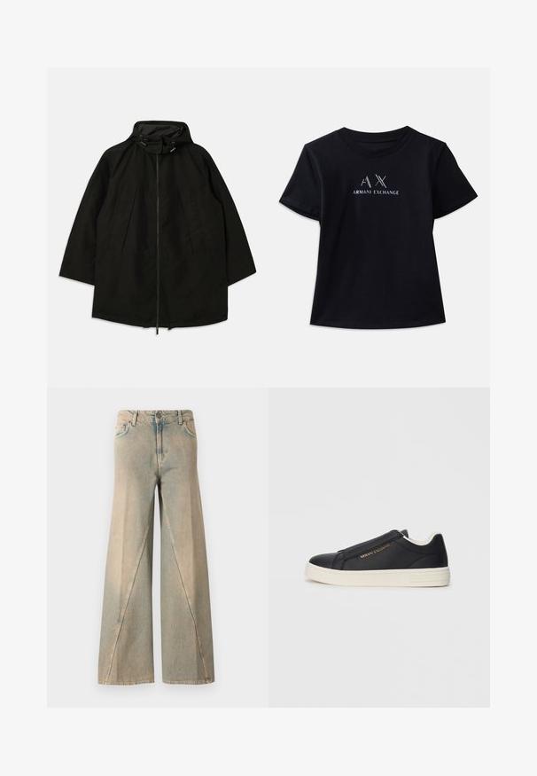 Chaqueta ligera negra con cierre de cremallera, capucha con cordones y un ajuste amplio y suelto. Cuenta con detalle en la parte delantera con pliegues y una textura suave.; Camiseta de manga corta negra con cuello redondo. Presenta el logo "AX" y el texto "ARMANI EXCHANGE" en acentos blancos y metálicos en contraste. Tejido suave.; Vaqueros de pierna ancha de color azul claro, hechos de mezclilla. Presentan una cintura alta, bolsillos delanteros y un patrón de costura distintivo a lo largo de las piernas.; Zapatillas de lona negras de cuero con suela blanca, logo dorado de "Armani Exchange" en el costado y detalle de costura minimalista.