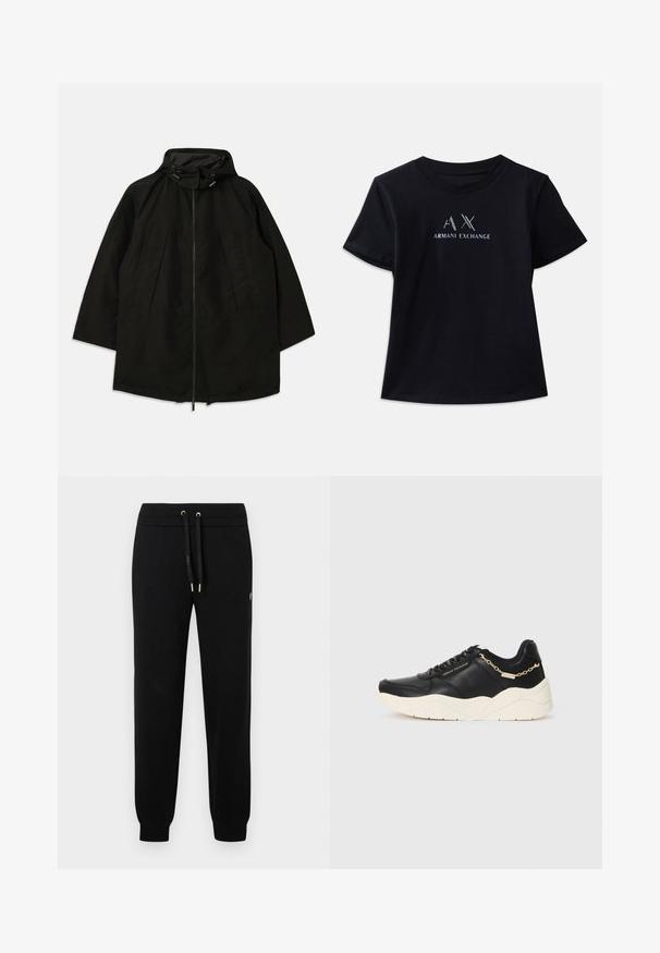 Juoda lengva striukė su užtrauktuku, kapišonu su raišteliais ir plačiu, laisvu kirpimu. Su raukšlėta priekiu ir lygia tekstūra.; Juoda trumpa rankovėmis marškinėliai su apvaliu iškirpimu. Yra "AX" logotipas ir "ARMANI EXCHANGE" tekstas kontrastingomis baltomis ir metalinėmis akcentais. Minkšta medžiaga.; Juodieji bėgimo kelnės su elastinga juosmens juosta ir raišteliu, suripintais rankogaliais ir subtiliu logotipo akcentu ant šoninės kojos.; Juodos odinės sportinės batai su storu kreminiu padu, auksinės spalvos grandinėlės akcentu ir juodais raišteliais. Lygi tekstūra su iškilniu logotipu šone.