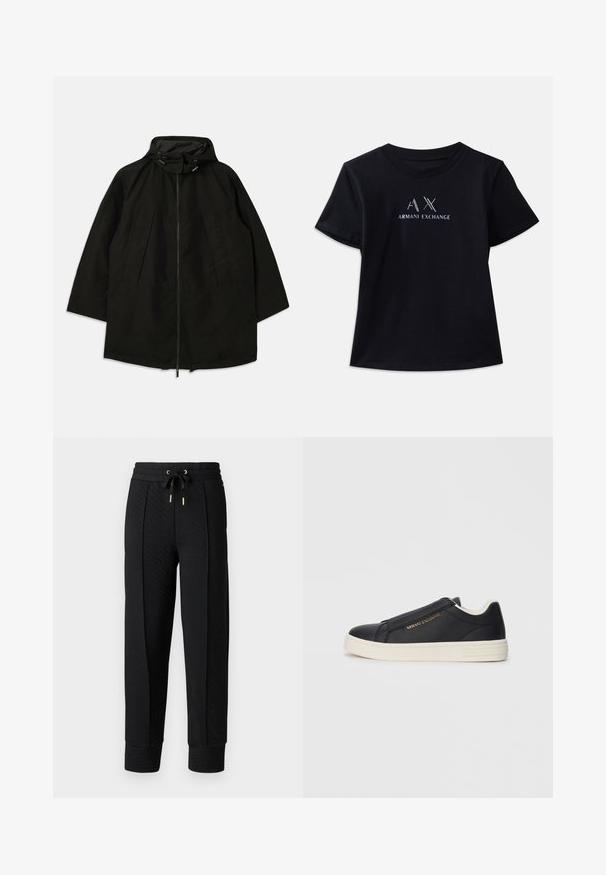 Čierna ľahká bunda so zipsom, kapucňou so sťahovacími šnúrkami a širokým, voľným strihom. Obsahuje pletené predné detaily a hladkú textúru.; Čierne tričko s krátkym rukávom a okrúhlym výstrihom. Obsahuje logo "AX" a text "ARMANI EXCHANGE" v kontrastných bielych a kovových akcentoch. Jemná tkanina.; Čierne prešívané tepláky s elastickým pásom, nastaviteľnou šnúrkou a manžetami na koncoch. Obsahujú jemný textúru v tvare diamantu.; Čierne kožené slip-on tenisky s bielou podrážkou, zlatým logom "Armani Exchange" na boku a minimalistickým šitím.