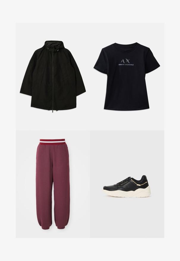 Svart lett jakke med glidelås, hette med snorer og bred, løs passform. Har plisseert frontdetaljering og en glatt tekstur.; Svart kortermet t-skjorte med rund hals. Har "AX" logo og "ARMANI EXCHANGE" tekst i kontrastfarger i hvitt og metalliske aksenter. Myk stoff.; Burgunderfargede joggebukser med teksturert stoff, smale ben og en kontrasterende rød og hvit stripete midje. Har et lite logo på siden.; Svarte lærersneakers med en kraftig kremfarget såle, gullfarget kjedeaccent og svarte snøring. Glatt tekstur med preget merkevare på siden.
