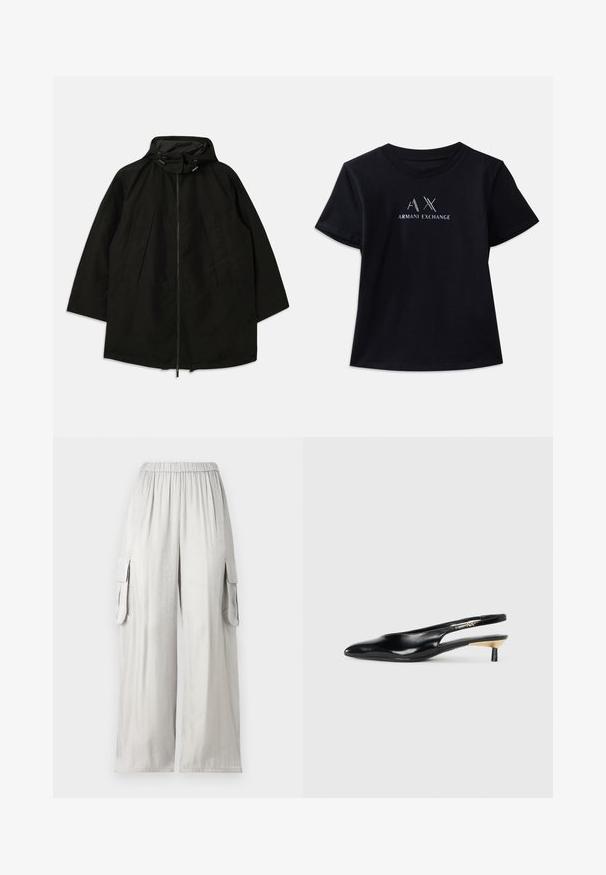 Čierna ľahká bunda so zipsom, kapucňou so sťahovacími šnúrkami a širokým, voľným strihom. Obsahuje pletené predné detaily a hladkú textúru.; Čierne tričko s krátkym rukávom a okrúhlym výstrihom. Obsahuje logo "AX" a text "ARMANI EXCHANGE" v kontrastných bielych a kovových akcentoch. Jemná tkanina.; Svetlošedé nohavice s širokými nohavicami vyrobené z hladkej tkaniny, so elastickým pásom a dvoma bočnými cargo vreckami.; Čierne slingback lodičky s ostrou špicou, lesklým koženým povrchom a malým podpätkom s zlatým doplnkom. Elegantný dizajn s otvorenou zadnou časťou.