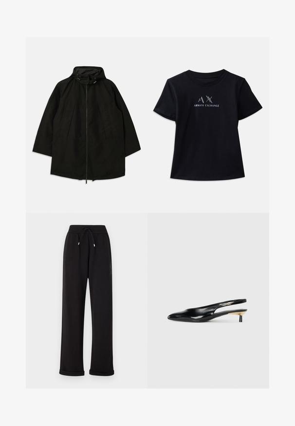 Čierna ľahká bunda so zipsom, kapucňou so sťahovacími šnúrkami a širokým, voľným strihom. Obsahuje pletené predné detaily a hladkú textúru.; Čierne tričko s krátkym rukávom a okrúhlym výstrihom. Obsahuje logo "AX" a text "ARMANI EXCHANGE" v kontrastných bielych a kovových akcentoch. Jemná tkanina.; Čierne teplákové nohavice vyrobené z mäkkej tkaniny, s elastickým pásom a nastaviteľnou šnúrkou, srolovanými manžetami a diskrétnym logom.; Čierne slingback lodičky s ostrou špicou, lesklým koženým povrchom a malým podpätkom s zlatým doplnkom. Elegantný dizajn s otvorenou zadnou časťou.