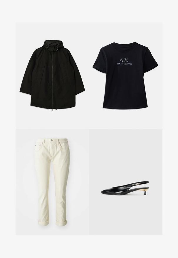 Veste noire légère avec fermeture éclair, capuche à cordons de serrage et coupe large et décontractée. Présente des détails plissés sur le devant et une texture lisse.; T-shirt noir à manches courtes avec col rond. Présente le logo "AX" et le texte "ARMANI EXCHANGE" en accents contrastants blancs et métalliques. Tissu doux.; Jean en denim beige avec une coupe ajustée, comportant cinq poches, une fermeture éclair et des ourlets roulés pour une finition cropped.; Pompe slingback noire avec un bout pointu, finition en cuir brillant et un petit talon avec une touche dorée. Design épuré avec un dos ouvert.