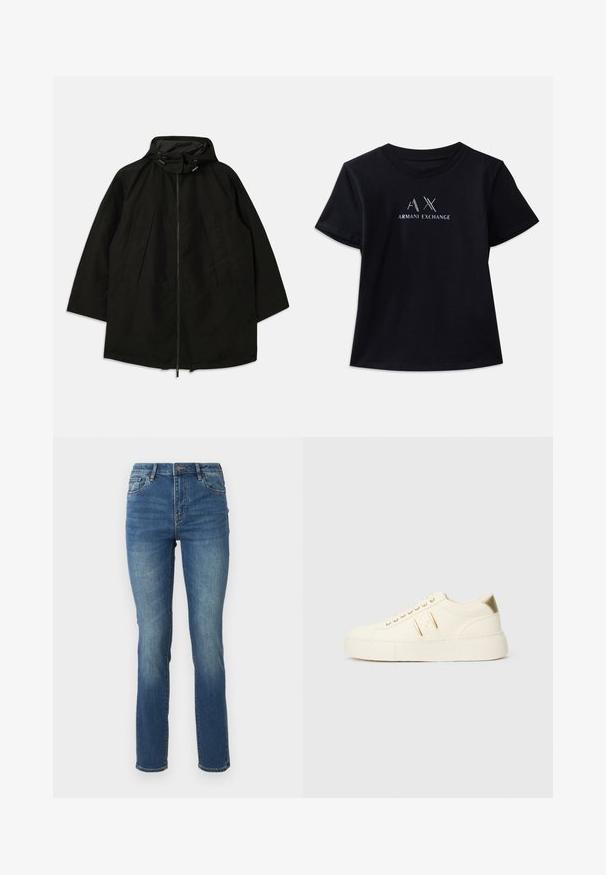 Casaco leve preto com fecho de zipper, capuz com cordões e corte largo e solto. Apresenta detalhes frontais pregueados e uma textura suave.; T-shirt preta de manga curta com decote redondo. Apresenta o logótipo "AX" e o texto "ARMANI EXCHANGE" com contrastes em branco e acabamentos metálicos. Tecido suave.; Jeans de denim azul de altura média com perna reta, apresentando uma textura suave, um leve desbotado e um clássico design de cinco bolsos com fecho de botão.; Sapatilhas de cano baixo em tom creme com detalhes dourados, atacadores e a marca em relevo "Armani Exchange" na sola e na etiqueta lateral.