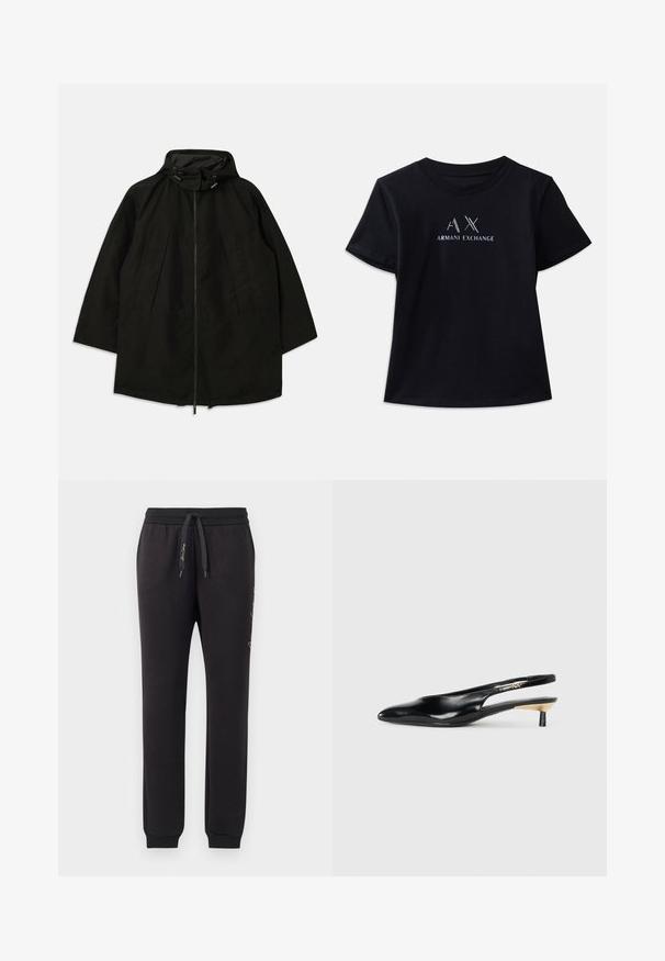 Zwarte lichtgewicht jas met een ritsluiting, kap met trekkoorden en een brede, losse pasvorm. Heeft geplooide frontdetails en een gladde textuur.; Zwarte t-shirt met korte mouwen en ronde hals. Voorzien van het 'AX'-logo en de tekst 'ARMANI EXCHANGE' in contrasterend wit en metallic accenten. Zachte stof.; Zwarte joggingbroek van zacht katoen met een elastische tailleband en trekkoord. Voorzien van geribbelde boorden en geborduurde tekst op de zijkant.; Zwarte slingback pump met een spitse neus, glanzende leren afwerking en een kleine hak met een gouden accent. Strak ontwerp met een open achterkant.