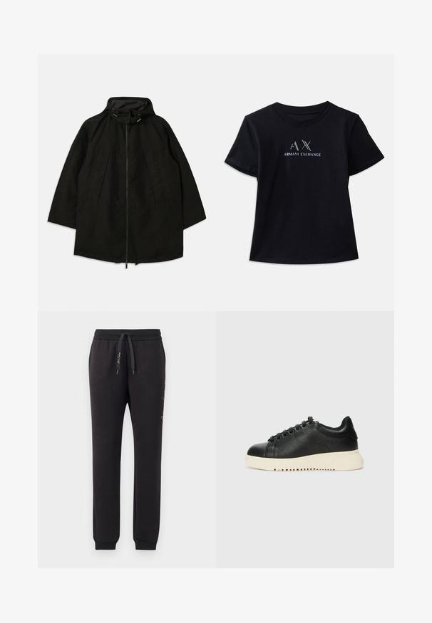 Černá lehká bunda s rozepínáním na zip, kapucí se stahovacími šňůrkami a širokým, volným střihem. Zahrnuje skládání v přední části a hladký povrch.; Černé tričko s krátkým rukávem a kulatým výstřihem. Na přední straně se nachází logo "AX" a text "ARMANI EXCHANGE" v kontrastní bílé barvě a kovových akcentem. Měkká látka.; Černé tepláky vyrobené z měkké bavlny s elastickým pasem a stahovací šňůrkou. Mají žebrované manžety a vyšívaný text na boku.; Černé kožené tenisky s texturovaným povrchem, kulatou špičkou, šesti černými očka a bílou gumovou podrážkou s drážkami.