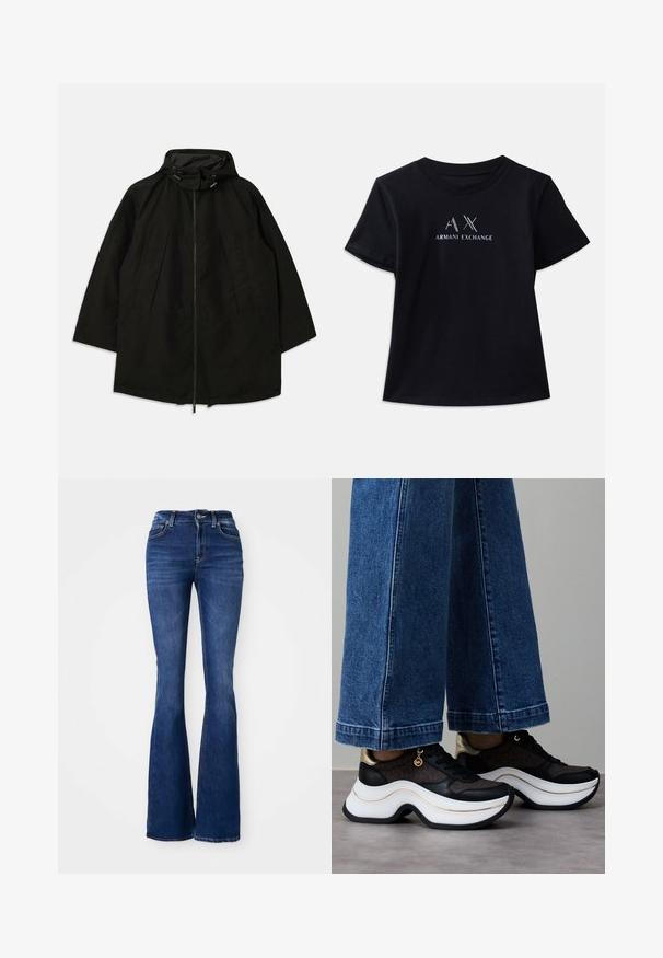Zwarte lichtgewicht jas met een ritsluiting, kap met trekkoorden en een brede, losse pasvorm. Heeft geplooide frontdetails en een gladde textuur.; Zwarte t-shirt met korte mouwen en ronde hals. Voorzien van het 'AX'-logo en de tekst 'ARMANI EXCHANGE' in contrasterend wit en metallic accenten. Zachte stof.; Donkerblauwe flare jeans met een hoge taille, gemaakt van denim, met contrasterende stiksels en een knoopsluiting aan de voorkant.; Zwart-gouden sneakers met een gebogen witte zool. Gestructureerde stof met logodetails. Gecombineerd met brede blauwe spijkerbroek.