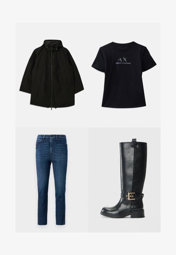 Juoda lengva striukė su užtrauktuku, kapišonu su raišteliais ir plačiu, laisvu kirpimu. Su raukšlėta priekiu ir lygia tekstūra.; Juoda trumpa rankovėmis marškinėliai su apvaliu iškirpimu. Yra "AX" logotipas ir "ARMANI EXCHANGE" tekstas kontrastingomis baltomis ir metalinėmis akcentais. Minkšta medžiaga.; Mėlyni lieknieji džinsai su klasikiniu penkių kišenių dizainu ir užsegimu mygtuku, su subtiliu blukimu ir švariu tiesiu kirpimu.; Juoda odinė aukščiau kelių batas su žemu bloku kulnu, dekoratyvi auksinė sagtis aplink čiurną ir traukiantis kilpelis viršuje.