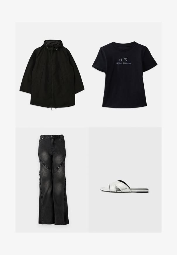 Zwarte lichtgewicht jas met een ritsluiting, kap met trekkoorden en een brede, losse pasvorm. Heeft geplooide frontdetails en een gladde textuur.; Zwarte t-shirt met korte mouwen en ronde hals. Voorzien van het 'AX'-logo en de tekst 'ARMANI EXCHANGE' in contrasterend wit en metallic accenten. Zachte stof.; Zwarte spijkerbroek van denim met een wijde pijp, voorzien van kettingaccenten langs de zijnaad en een knoop- en ritssluiting bij de taille.; Zilveren platte slidesandalen met een metallic afwerking, voorzien van een gebogen bandontwerp, uitsparingen en een geprofileerde zool voor grip.