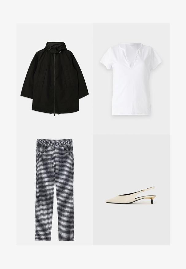 Fekete, könnyű dzseki, cipzáras záródással, húzózsinórral ellátott kapucnival, és széles, laza fazonnal. Húzott elülső részlet és sima текстúra jellemzi.; Fehér pamut póló rövid ujjakkal, laza szabással és V-nyakkivágással, öt díszgombbal ellátott gombolással.; Bárányhús mintájú nadrág, fekete, fehér és szürke színkombinációban. Fitt szabású, elülső zsebekkel tervezve.; Beige lakkbőr slingback cipők hegyes orral, vékony fekete sarokkal és fémes arany díszítéssel az oldalán.