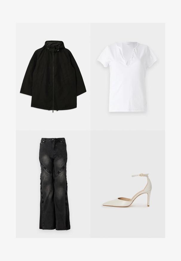 Chaqueta ligera negra con cierre de cremallera, capucha con cordones y un ajuste amplio y suelto. Cuenta con detalle en la parte delantera con pliegues y una textura suave.; Camiseta de algodón blanca de manga corta, con un corte relajado y un escote en V que presenta una tapeta con cinco botones decorativos.; Jeans de mezclilla negra con corte de pierna ancha, que cuentan con detalles de cadenas a lo largo de las costuras laterales y un cierre de botón y cremallera en la cintura.; Zapato de tacón alto de cuero blanco con punta afilada, correa en el tobillo y un delgado tacón de aguja. Textura lisa con un sutil acabado brillante.