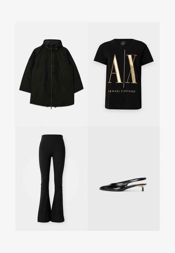 Casaco leve preto com fecho de zipper, capuz com cordões e corte largo e solto. Apresenta detalhes frontais pregueados e uma textura suave.; T-shirt preta em algodão com o ousado logótipo dourado "A/X" e o texto "ARMANI EXCHANGE", mangas curtas, decote redondo, textura suave.; Leggings pretos com flare, feitos de material elástico, apresentando uma cintura alta e uma textura suave. Sem padrões ou acessórios visíveis.; Sapatilha preta estilo slingback com bico fino, acabamento em couro brilhante e um pequeno salto com um detalhe dourado. Design elegante com parte de trás aberta.
