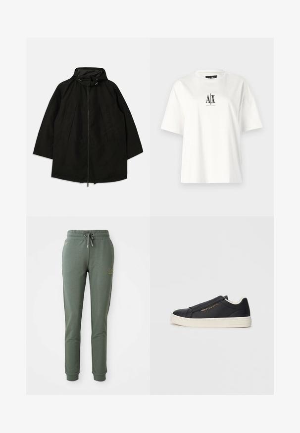 Crna lagana jakna s patentnim zatvaračem, kapuljačom s utezima i širokim, opuštenim krojem. Sadrži nabore na prednjem dijelu i glatku teksturu.; Bijela pamučna majica s kratkim rukavima, opuštenog kroja i crnim logotipom otisnutim na središnjem dijelu prednje strane. Glatka tekstura, bez dodatnih uzoraka.; Zelene trenirke od mekog materijala, s elastičnim pojasom sa vezicom i manžetama na nogavicama. Zlati logo detalj sa strane.; Crne kožne slip-on tenisice s bijelim potplatom, zlatnim logotipom "Armani Exchange" sa strane i minimalističkim detaljima u šivanju.
