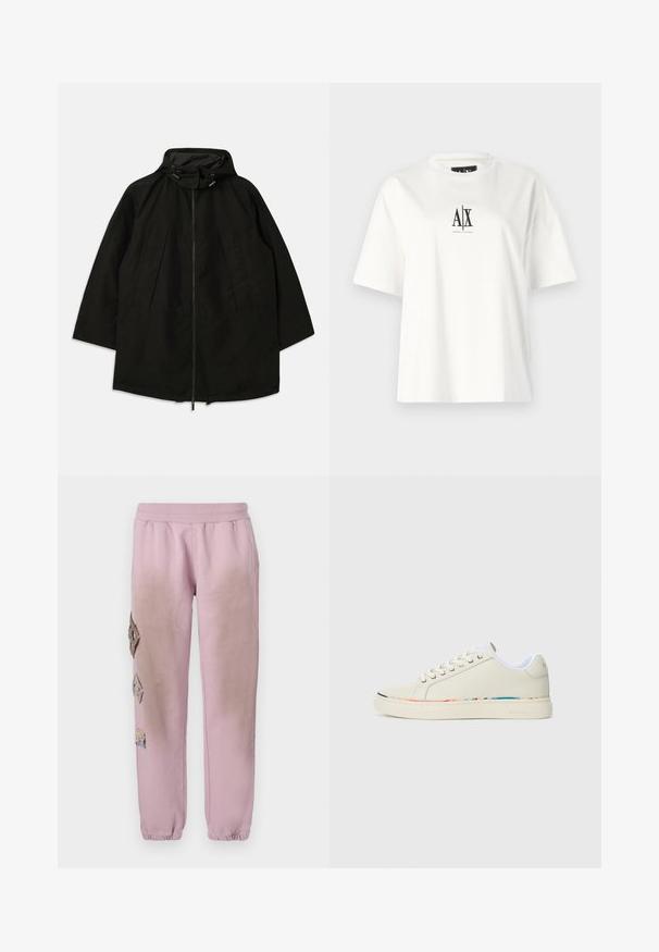 Melnā vieglā jakā ar rāvējslēdzēju, kapuci ar pievilkšanas auklām un plašu, brīvu piegriezumu. Iezīmes - izšūti priekša detaļas un gluda tekstūra.; Baltas kokvilnas T-krekls ar īsām piedurknēm, brīvu piegriezumu un melnu logo druku centrā. Gluda tekstūra, nav papildu rakstu.; Rozā sporta bikses ar elastīgu jostu, kurām labajā pusē ir dekoratīvi uzliktni dimanta formā un elastīgas apkakles pie potītēm.; Off-white zemas tenisa kurpes ar auklām, baltā iekšējā oderē un maiga daudzkrāsaina apmale ap zoli, sānu skats.