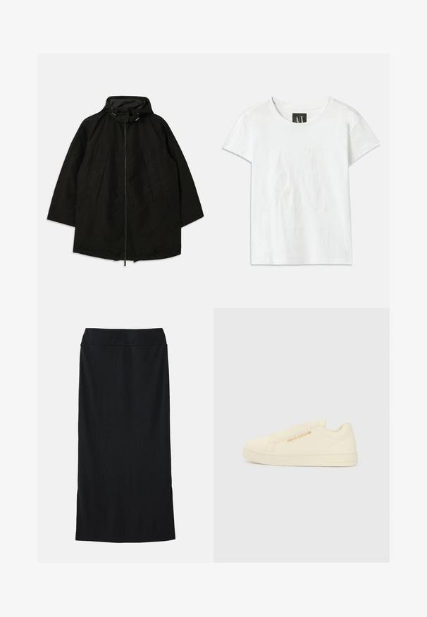 Casaco leve preto com fecho de zipper, capuz com cordões e corte largo e solto. Apresenta detalhes frontais pregueados e uma textura suave.; T-shirt de algodão branca com mangas curtas, apresentando um logo em relevo "AX" na frente e o texto "ARMANI EXCHANGE" abaixo em um design sutil.; Saia midi preta em um tecido suave, com cintura ajustada, silhueta reta e fendas laterais para maior liberdade de movimento.; Sapatilhas slip-on creme com uma textura suave, apresentando um detalhe de logotipo em relevo e um design minimalista. Sola de borracha grossa para maior suporte.