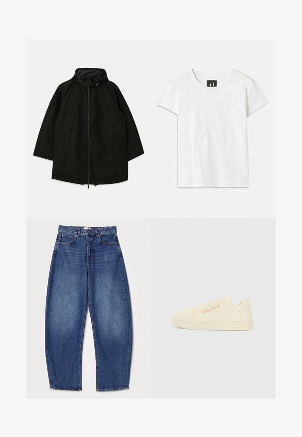 Črna lahka jakna z zadrgo, kapuco s vrvicami in širokim, ohlapnim krojem. Ima gubano sprednje detajliranje in gladko teksturo.; Bela bomba majica s kratkimi rokavi, ki ima na sprednji strani dvignjen logotip "AX" in spodaj natančno zasnovo napisa "ARMANI EXCHANGE".; Jeans iz džinsovine z ohlapnim krojem, srednjim pasom, globoko modro barvo, zbledelim vzorcem, zasnovo s petimi žepi in naravnost krojenim odprtjem nog.; Kremasti slip-on športni copati z gladko teksturo, ki imajo izstopajoč logotip in minimalističen dizajn. Debel gumijast podplat za podporo.