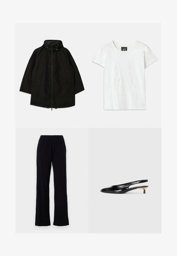 Svart lett jakke med glidelås, hette med snorer og bred, løs passform. Har plisseert frontdetaljering og en glatt tekstur.; Hvit bomulls t-skjorte med korte ermer, med en hevet logo "AX" foran og teksten "ARMANI EXCHANGE" under i et subtilt design.; Svarte, lette, elastiske bukser med rett bein-design. Myk tekstur uten synlige mønster eller detaljer. Enkel og allsidig stil.; Sorte slingback pumps med spiss tå, glanset skinnfinish og en liten hæl med gullakcent. Elegant design med åpen bak.