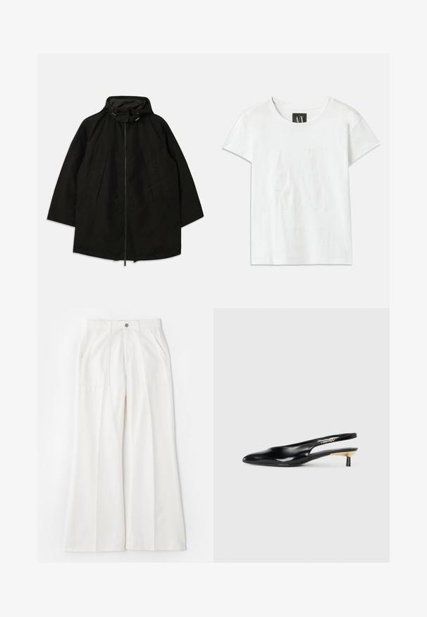 Zwarte lichtgewicht jas met een ritsluiting, kap met trekkoorden en een brede, losse pasvorm. Heeft geplooide frontdetails en een gladde textuur.; Witte katoenen t-shirt met korte mouwen, met een reliëflogo "AX" op de voorkant en de tekst "ARMANI EXCHANGE" eronder in een subtiel ontwerp.; Witte wijde broek gemaakt van zachte stof, met voorzakken en een enkele knoopsluiting, met een nette, minimale uitstraling.; Zwarte slingback pump met een spitse neus, glanzende leren afwerking en een kleine hak met een gouden accent. Strak ontwerp met een open achterkant.