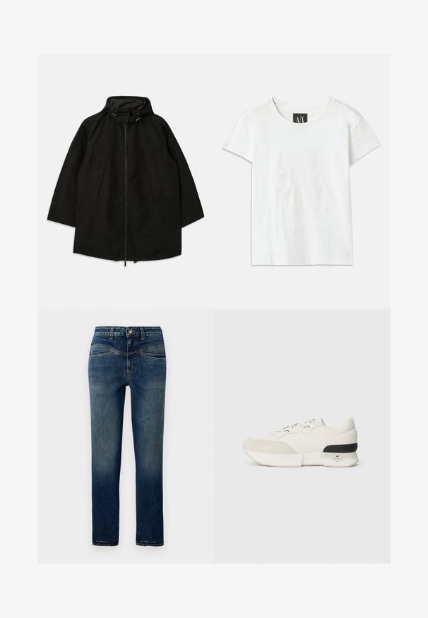 Casaco leve preto com fecho de zipper, capuz com cordões e corte largo e solto. Apresenta detalhes frontais pregueados e uma textura suave.; T-shirt de algodão branca com mangas curtas, apresentando um logo em relevo "AX" na frente e o texto "ARMANI EXCHANGE" abaixo em um design sutil.; Jeans de ganga azul-escuro com corte reto, apresentando um desbotado leve, costura laranja e fecho de botão na cintura.; Sneaker branco com biqueira em camurça texturizada, parte superior em malha lisa, atacadores decorativos e um detalhe na parte de trás em borracha preta.