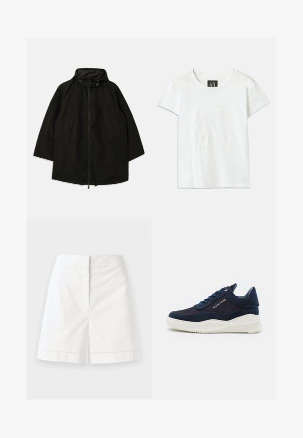 Black lightweight jacket with a zip closure, hood with drawstrings, and wide, loose fit. Features pleated front detailing and a smooth texture.; White cotton t-shirt with short sleeves, featuring a raised logo "AX" on the front and "ARMANI EXCHANGE" text below in a subtle design.; White cotton shorts with a straight cut, featuring a smooth texture, back pockets, and a decorative stitch along the hem.; Dark navy suede sneakers with white rubber soles, rounded toe, and lace-up design. Features logo detail on the side and textured accents.