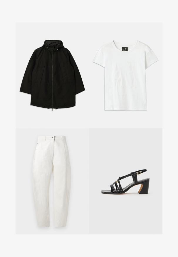 Juoda lengva striukė su užtrauktuku, kapišonu su raišteliais ir plačiu, laisvu kirpimu. Su raukšlėta priekiu ir lygia tekstūra.; Balta medvilnė marškinėliai trumpomis rankovėmis, ant kurių priekyje iškeltas logotipas "AX" ir po juo subtilus tekstas "ARMANI EXCHANGE".; Balti medvilniniai kelnių su laisvu kirpimu, turintys mygtuko užsegimą, šonines kišenes ir subtilius siuvimo akcentus siūlėse.; Paul Smith AMIRA - Klasikiniai aukštakulniai - black
