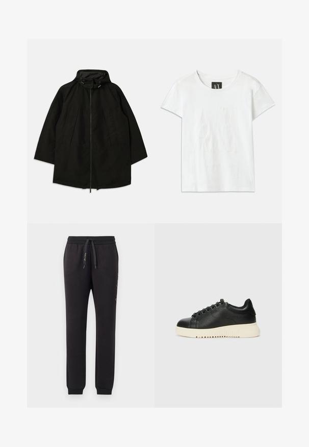 Musta kevyt takki, jossa on vetoketjukiinna, huppu kiristysnyöreillä ja leveä, löysä mitoitus. Takissa on pleatattu etuosa ja sileä pinta.; Valkoinen puuvillapaita, jossa on lyhyet hihat. Paidassa on kohotettu logo "AX" edessä ja "ARMANI EXCHANGE" -teksti alla hienovaraisessa muodossa.; Mustat juoksuhousut, jotka on valmistettu pehmeästä puuvillasta, joissa on elastinen vyötärö ja naru. Cuffit ovat ribattu ja sivulla on brodeerattu teksti.; Musta nahkakengät, joissa on teksturoitu pinta, pyöreä kärki, kuusi mustaa silmukkaa ja valkoinen kumipohja, jossa on uurteita.