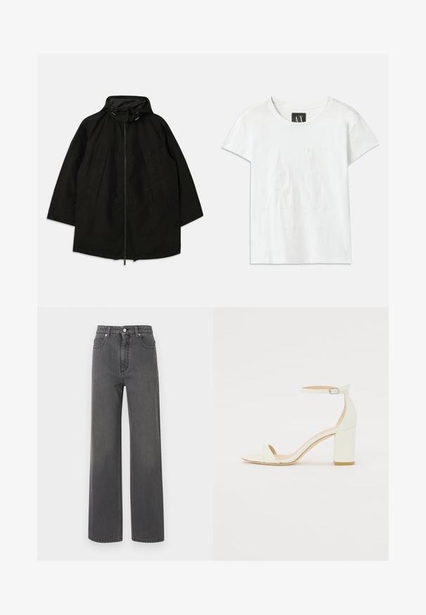 Zwarte lichtgewicht jas met een ritsluiting, kap met trekkoorden en een brede, losse pasvorm. Heeft geplooide frontdetails en een gladde textuur.; Witte katoenen t-shirt met korte mouwen, met een reliëflogo "AX" op de voorkant en de tekst "ARMANI EXCHANGE" eronder in een subtiel ontwerp.; Grijze denim jeans met een hoge taille en wijde pijpen, met een sluiting aan de voorkant met knopen en contrasterende stiksels. Heeft twee zijzakken en een gladde textuur.; Witte leren sandaal met blokhak, voorzien van een enkelsluitsel met een gesp en een minimalistisch design. Open teen en gladde texturen overal.
