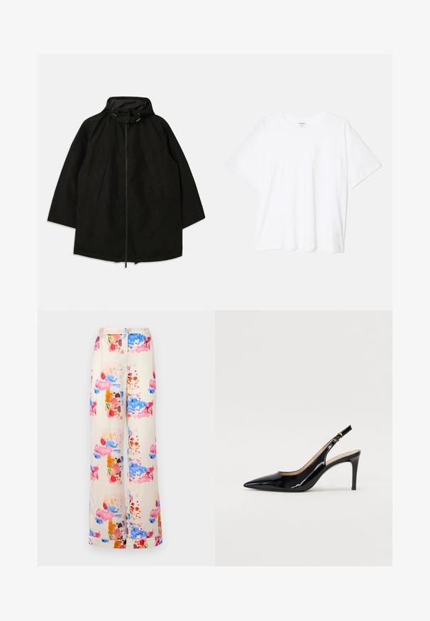 Casaco leve preto com fecho de zipper, capuz com cordões e corte largo e solto. Apresenta detalhes frontais pregueados e uma textura suave.; T-shirt de algodão branco com mangas curtas, decote redondo, corte descontraído e bainha cosida. Etiqueta visível no interior do pescoço.; Calças de perna larga em tecido creme com um padrão de aquarela colorido, destacando tons de rosa, azul e laranja. Leves e respiráveis.; Sandal com salto em verniz preto, bico fino, salto esguio e um design de recorte subtil. Apresenta uma fivela dourada na alça.