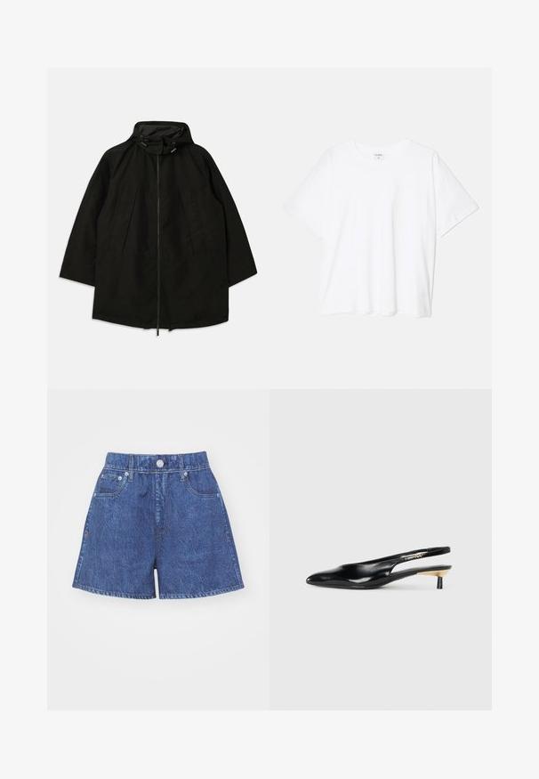 Čierna ľahká bunda so zipsom, kapucňou so sťahovacími šnúrkami a širokým, voľným strihom. Obsahuje pletené predné detaily a hladkú textúru.; Biely bavlnený tričko s krátkymi rukávmi, okrúhlym výstrihom, voľným strihom a prešitým lemom. Štítok viditeľný na vnútornom krku.; Jeansové šortky v tmavomodrej farbe s vysokým pásom, s gombíkovým zapínaním, dvoma prednými vreckami a prešívanými detailmi na leme.; Čierne slingback lodičky s ostrou špicou, lesklým koženým povrchom a malým podpätkom s zlatým doplnkom. Elegantný dizajn s otvorenou zadnou časťou.